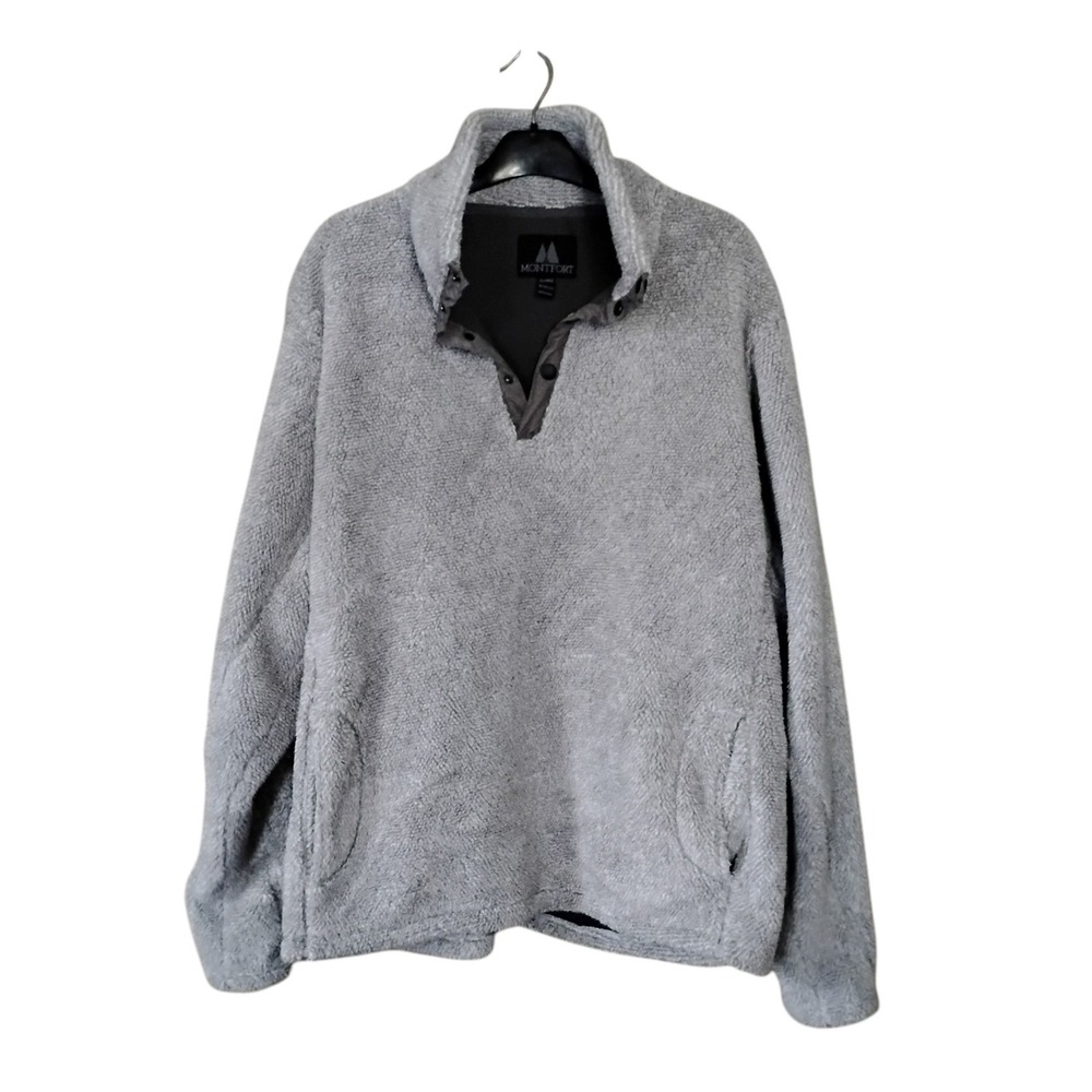 Montfort Mens XL Grey High Pile Fleece Snap Mock Neck Pullover Sweater Pocket